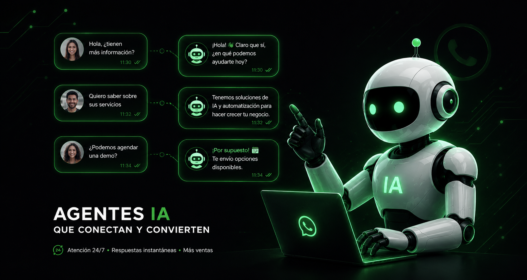 Ejemplo de un agente IA respondiendo automáticamente por WhatsApp: información, servicios y agendamiento de una demo, disponible 24/7